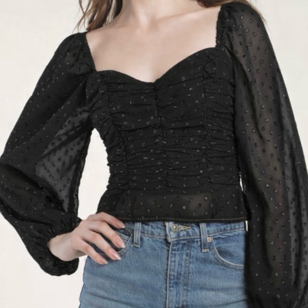 Lulus Black Appliqué Balloon Sleeve Shimmer Crop Top NWT XL Cocktail Glam